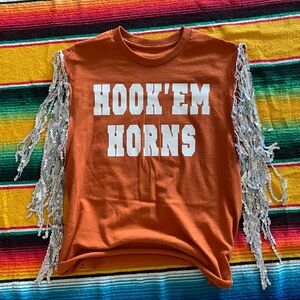 Silver Sequin Fringe Tassel Sleeve HOOKEM HORNS tee